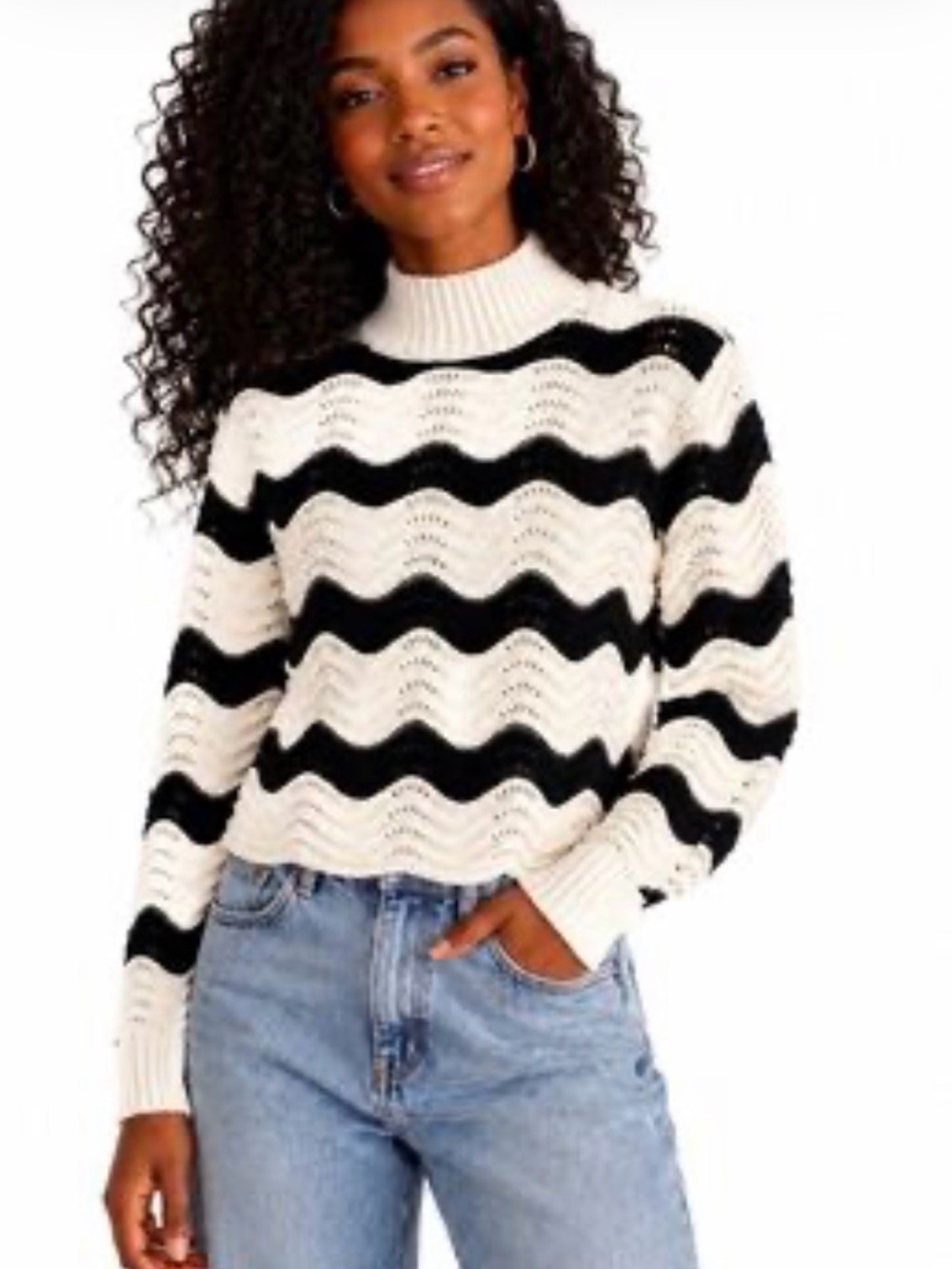 Zara Black & White Wavy Stripe Turtleneck Sweater